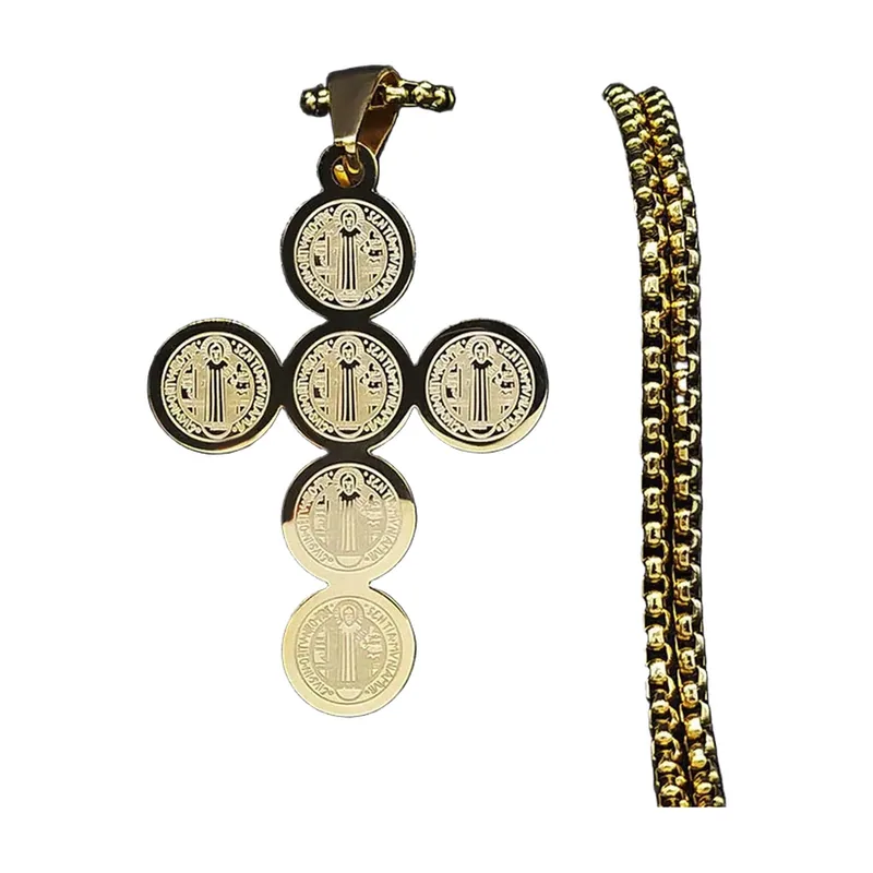 Saint Benedict Cross Pendant with Ball Chain, Stainless Steel