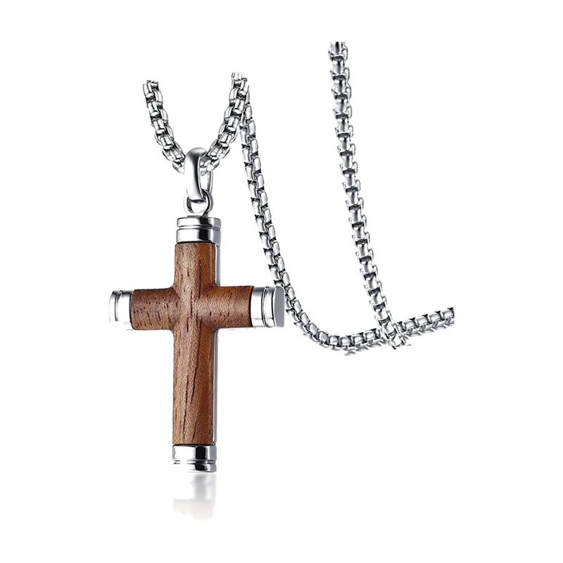Collier Pendentif Croix avec Incrustation en Bois, Acier Inoxydable