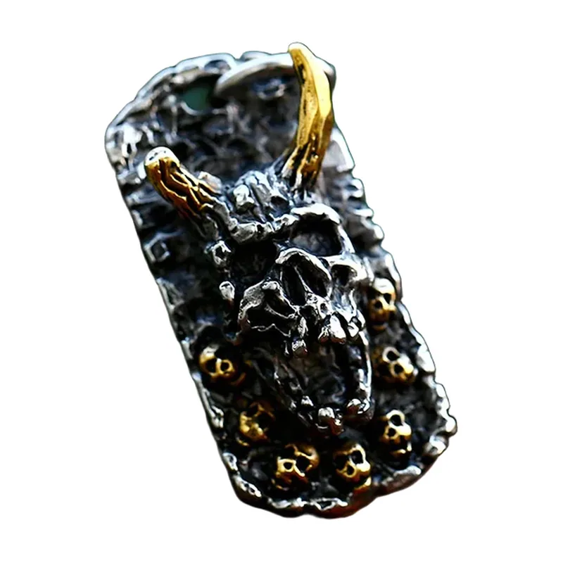 Totenkopf-Anhänger mit Hörnern und Gliederkette, Edelstahl