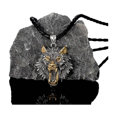 Fenrir Wolf Pendant Necklace with Braided Cord, Stainless Steel