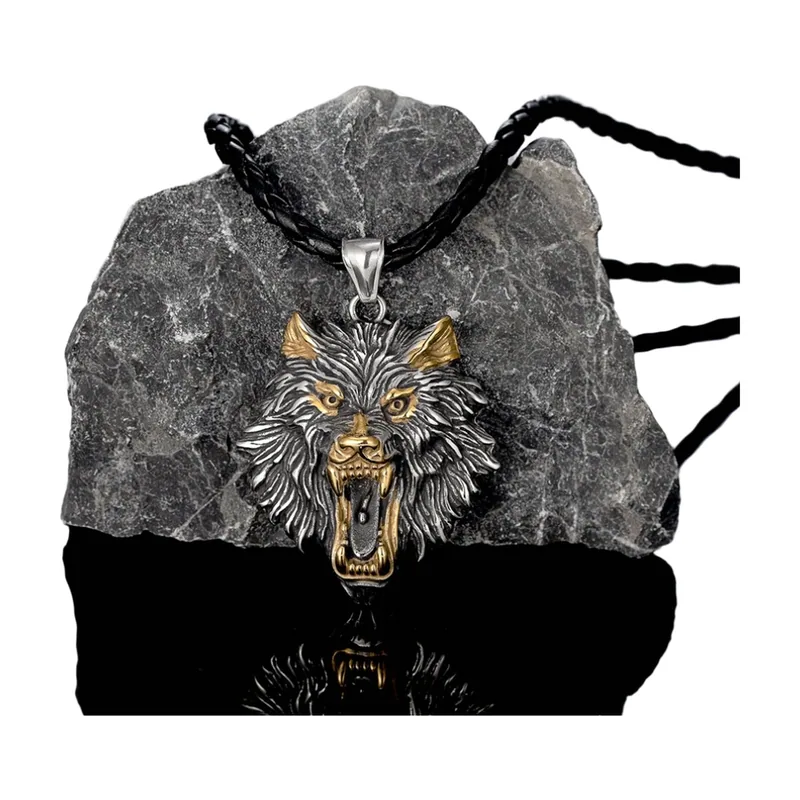 Collier Pendentif Fenrir Loup avec Cordon Tressé, Acier Inoxydable
