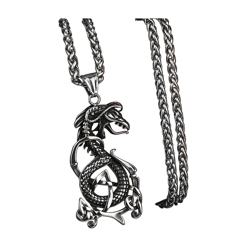 Pendentif Dragon Ouroboros Viking avec Chaîne Runique, Acier Inoxydable