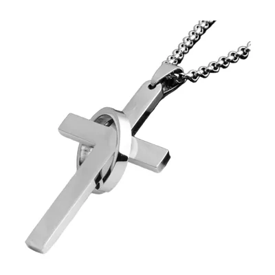Collier Croix avec Détail Circulaire, Acier Inoxydable