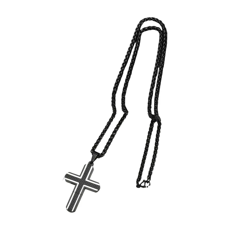 Pendente Croce Geometrica con Zirconia Neri, Acciaio Inossidabile