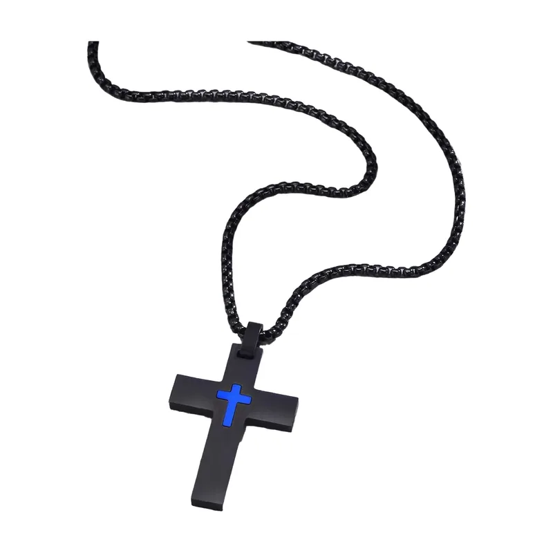 Pendente Croce Geometrica con Pietra Blu, Acciaio Inossidabile
