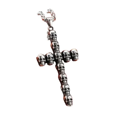 Pendentif Croix aux Crânes avec Chaîne, Acier Inoxydable