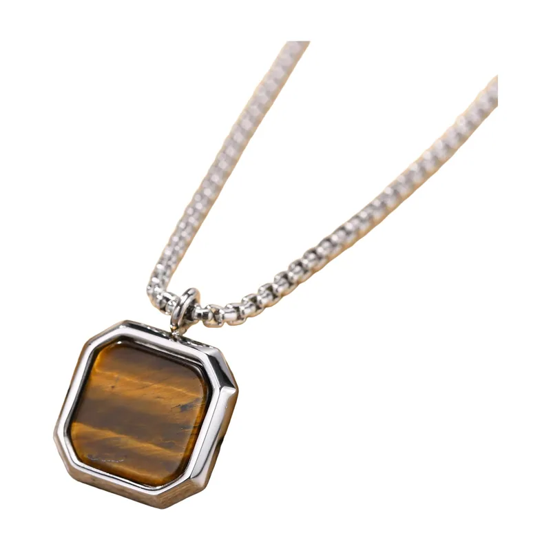 Collier avec Pendentif Carré et Pierre Brune, Acier Inoxydable