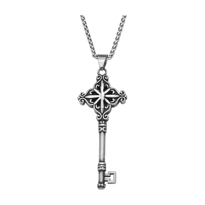Pendentif Clé Gothique avec Chaîne Gourmette, Acier Inoxydable