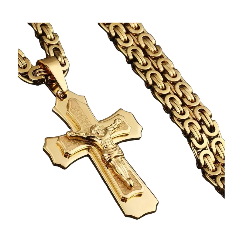 Pendentif Crucifix avec Chaîne Byzantine, Acier Inoxydable