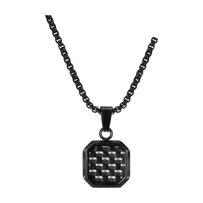 Collier avec Pendentif Carré Motif Fibre de Carbone, Acier Inoxydable