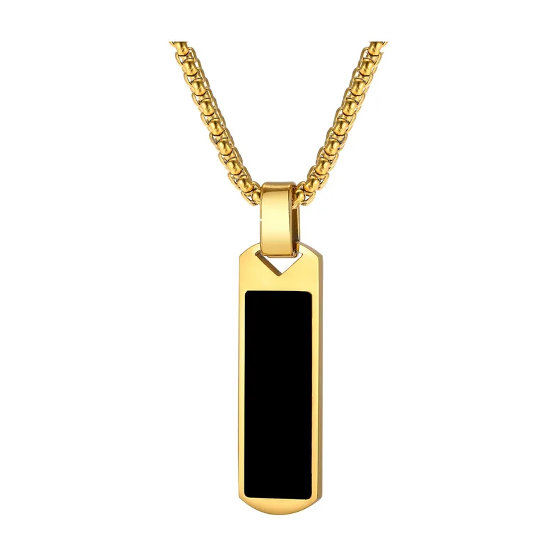 Rectangular Pendant Necklace with Black Stone, Stainless Steel