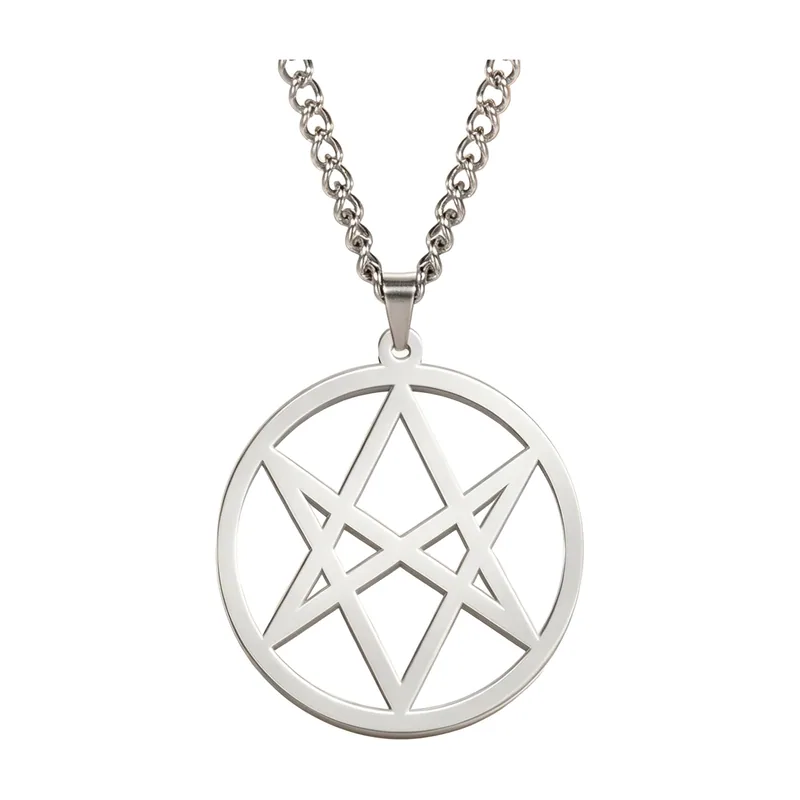 Thelema Unicursal Hexagram Pendant with Curb Chain, Stainless Steel