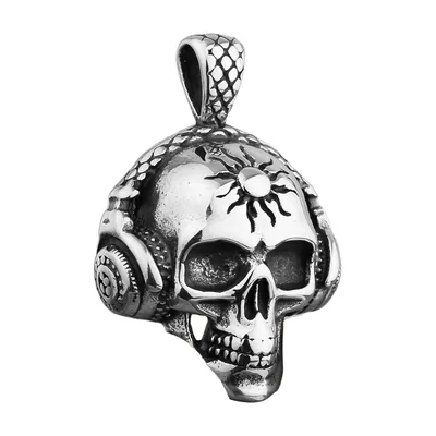 Pendentif Tête de Mort avec Casque et Chaîne, Acier Inoxydable