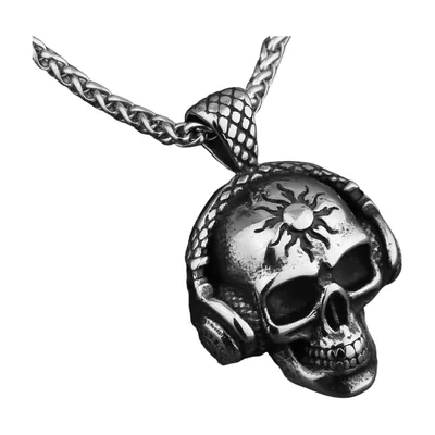 Pendentif Tête de Mort avec Casque et Détail Soleil, Acier Inoxydable