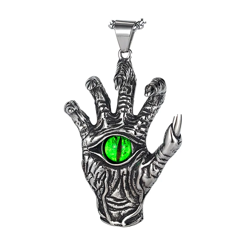 Collier Main de Démon avec Pierre Verte, Acier Inoxydable