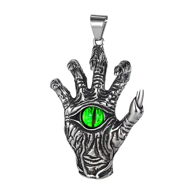 Collier Pendentif Main de Démon avec Pierre Verte, Acier Inoxydable
