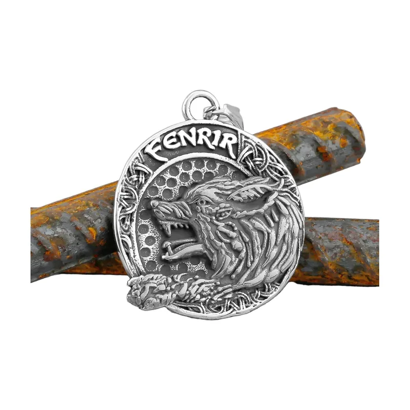 Fenrir Wolf Anhänger mit Runen und Vegvisir, Edelstahl