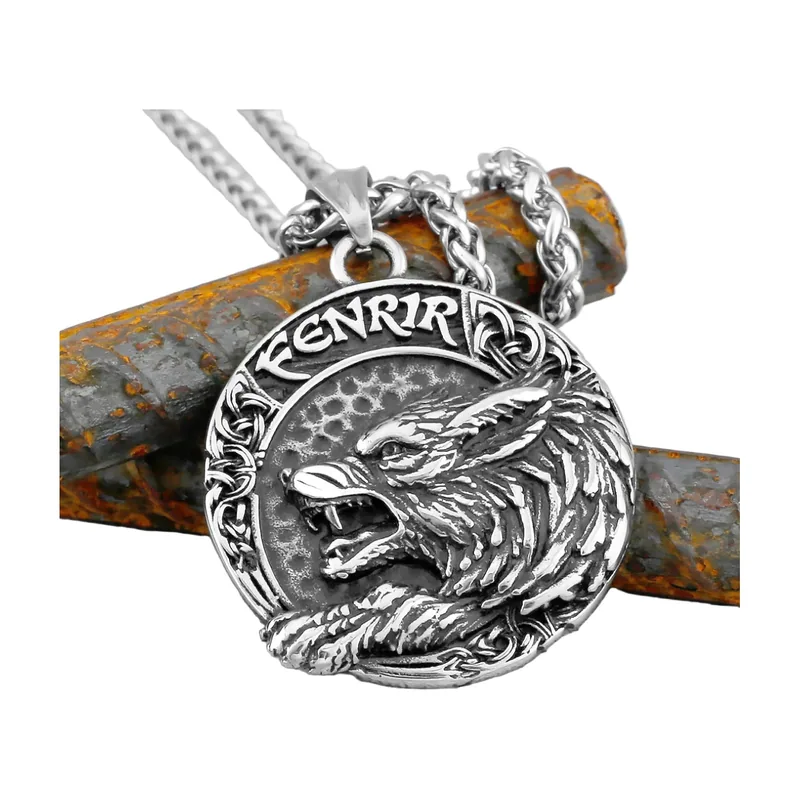 Fenrir Wolfskopf Anhänger mit Nordischen Motiven, Edelstahl