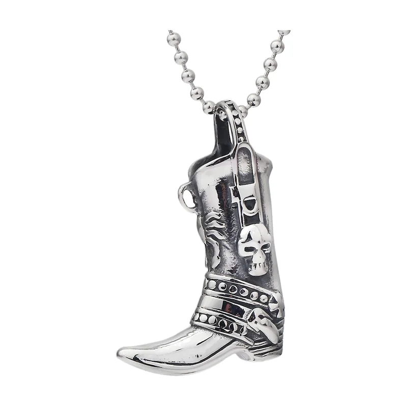 Boot Pendant Necklace with Skull Detail, Stainless Steel