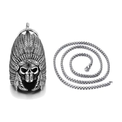 Native American Chief Skull Pendant with Curb Chain, Stainless Steel