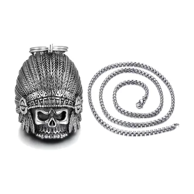 Native American Headdress Skull Pendant with Curb Chain, Stainless Steel