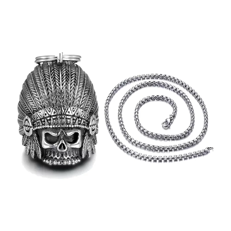 Collier Pendentif Crâne à Coiffe Amérindienne, Acier Inoxydable