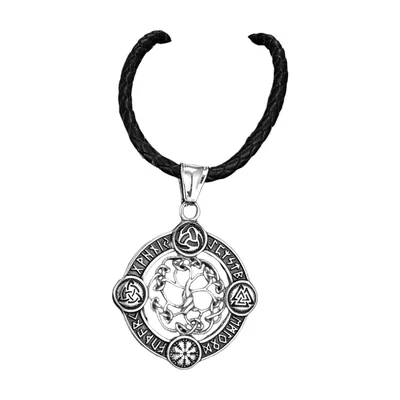 Viking Tree of Life and Valknut Pendant with Braided Cord, Stainless Steel
