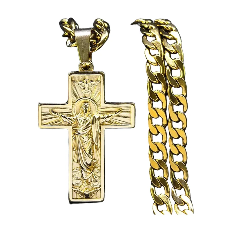 Collana con Pendente Croce di Gesù e Catena Curb, Acciaio Inossidabile