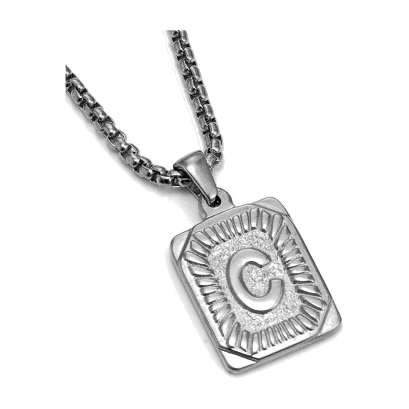 Initial Letter C Square Pendant Necklace, Stainless Steel