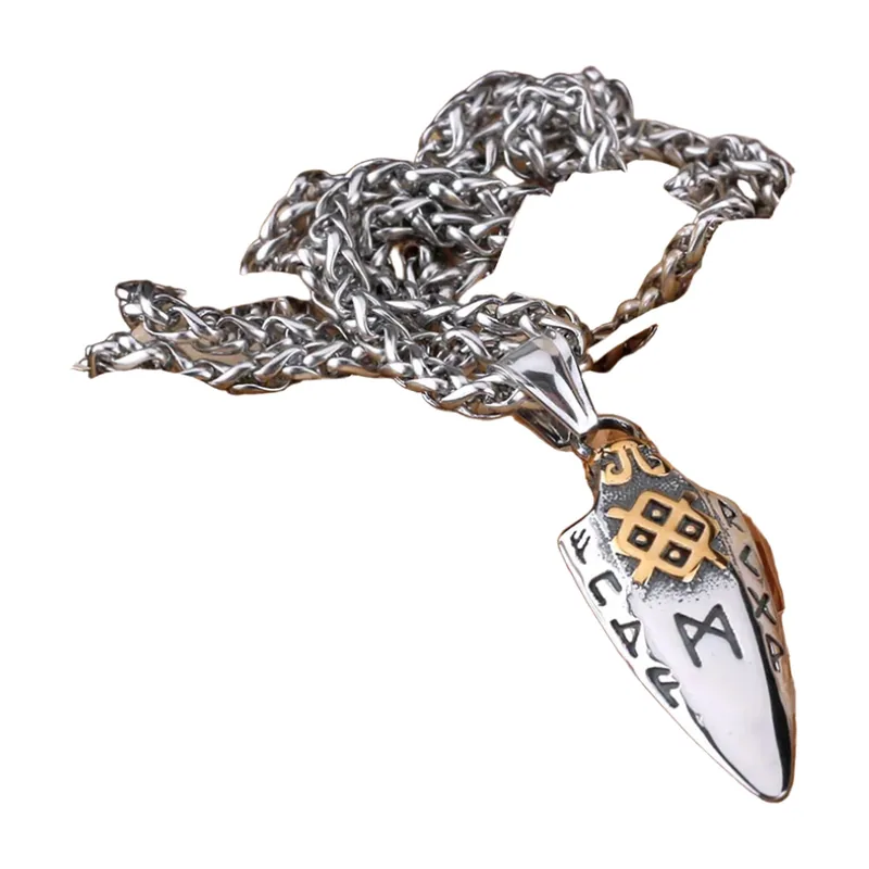 Collier Pendentif Lance Viking avec Gravures Runiques, Acier Inoxydable