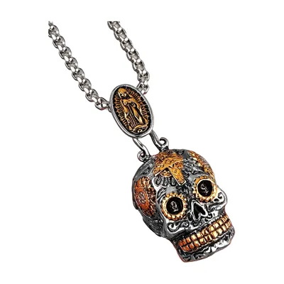 Colgante de Calavera y Cruz con Medallón, Acero Inoxidable