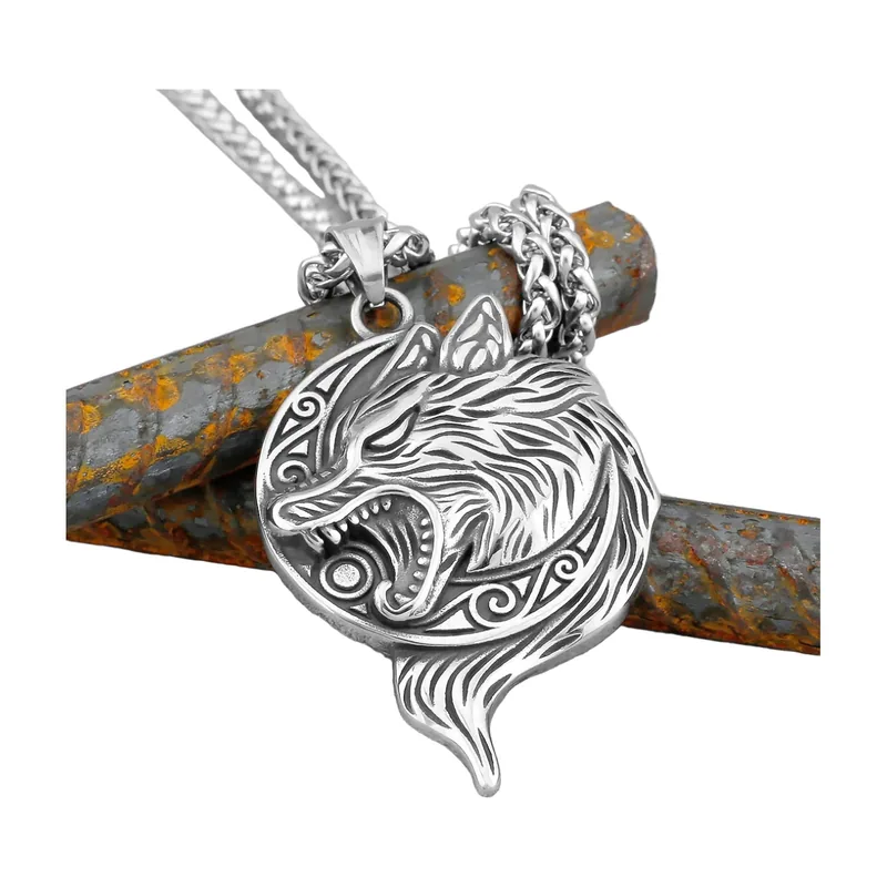 Wolf-Anhänger mit Vegvisir und Nordischen Runen, Edelstahl