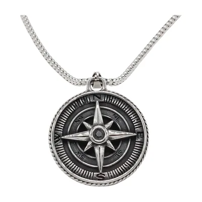 Collana con Pendente Bussola e Pietra Nera, Acciaio Inossidabile