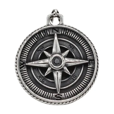 Collana con Pendente Bussola e Zirconia Nera, Acciaio Inossidabile