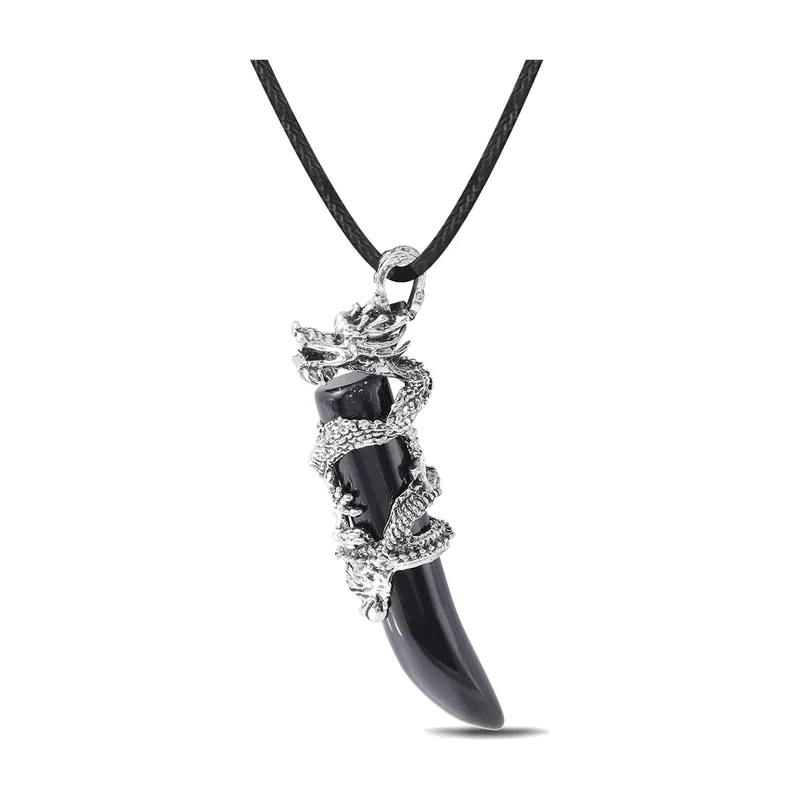 Collana con Pendente Drago e Pietra Nera, Acciaio Inox