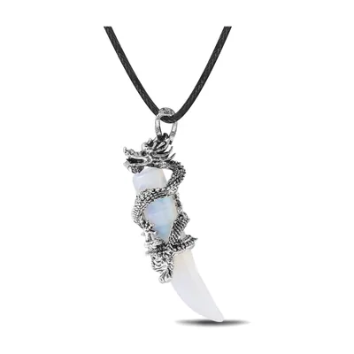 Collier Dragon avec Pierre Blanche, Acier Inoxydable