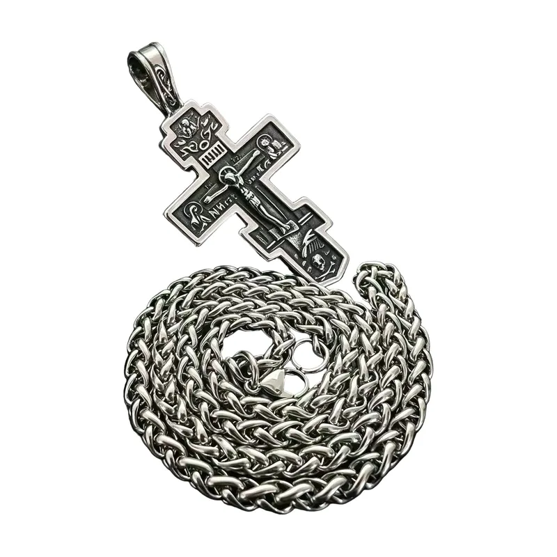 Pendente Croce Ortodossa con Catena a Corda, Acciaio Inossidabile
