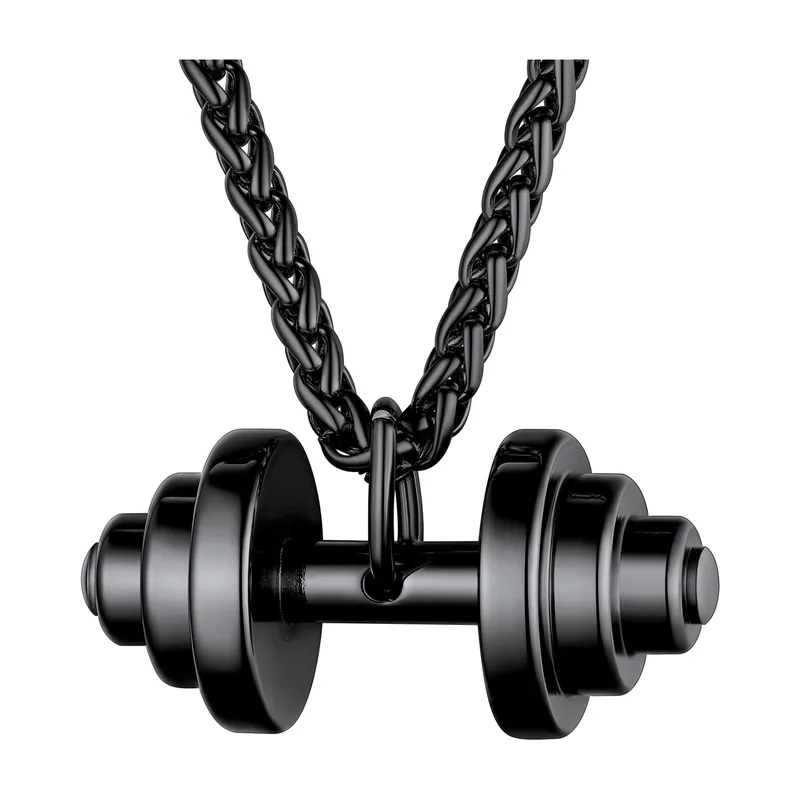 Collier Pendentif Haltère avec Chaîne Maille Épi, Acier Inoxydable