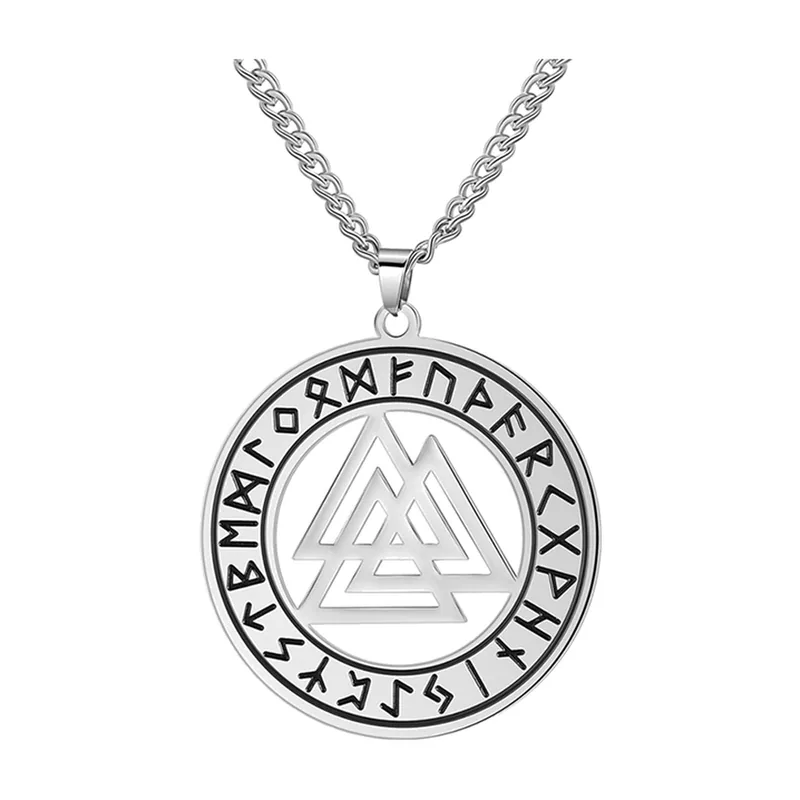 Valknut Pendant Necklace with Runes, Stainless Steel