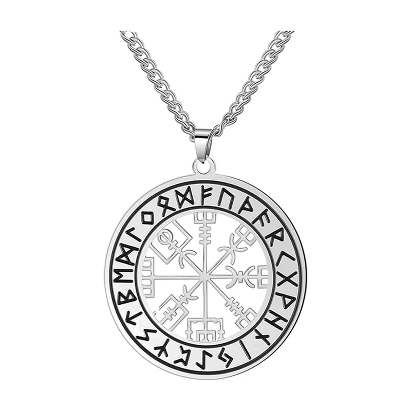Vegvisir Kompass-Anhänger mit Runen und Panzerkette, Edelstahl