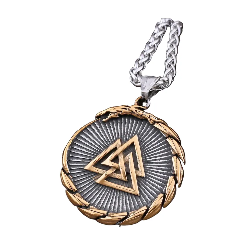 Valknut Pendant Necklace with Dragon Ouroboros, Stainless Steel