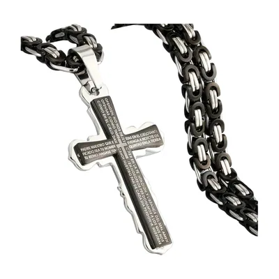 Collier Croix avec Texte Religieux et Chaîne Byzantine, Acier Inoxydable