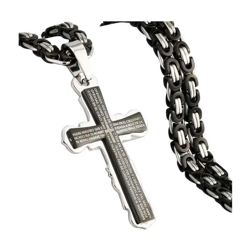 Cross Pendant Necklace with Religious Text, Byzantine Chain, Stainless Steel