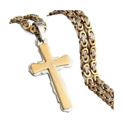 Collier Pendentif Croix avec Chaîne Byzantine, Acier Inoxydable