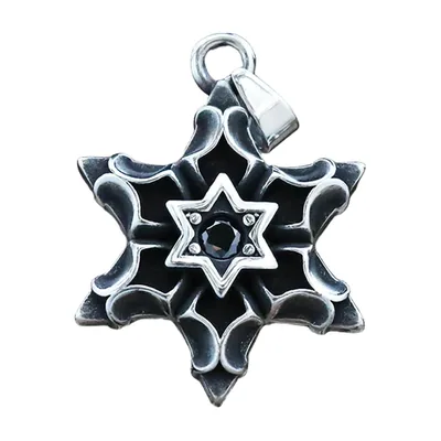 Collana con Pendente Esagramma e Zircone Nero, Acciaio Inossidabile
