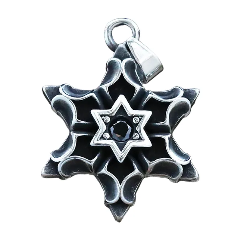 Collana con Pendente Esagramma e Zircone Nero, Acciaio Inossidabile