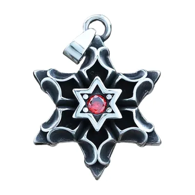 Collana con Pendente Esagramma e Pietra Rossa, Acciaio Inossidabile