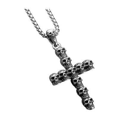 Collana Croce con Teschi e Catena Curb, Acciaio Inossidabile