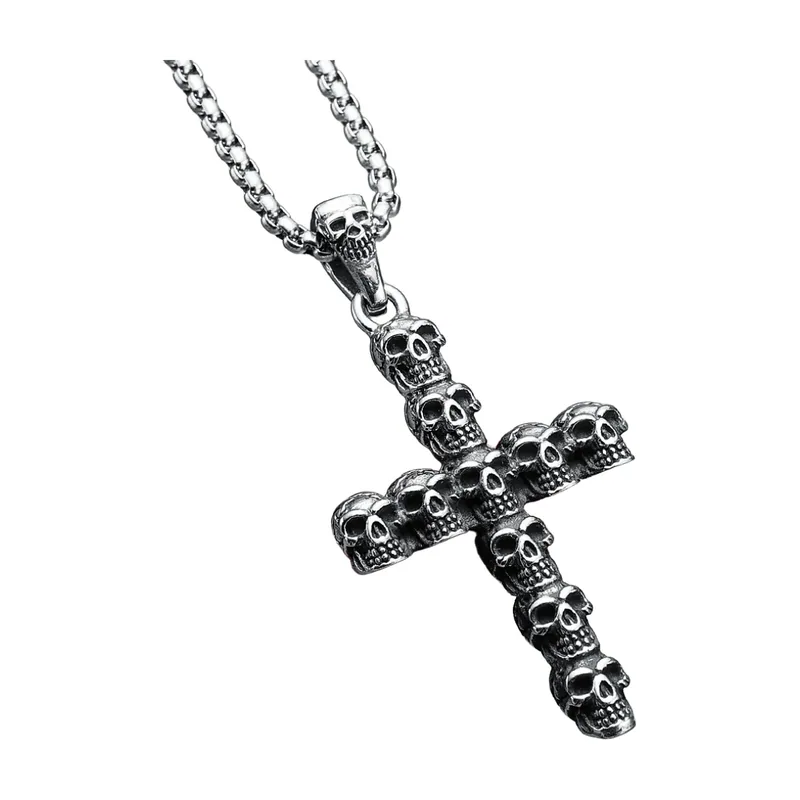 Skull Cross Pendant Necklace with Curb Chain, Stainless Steel