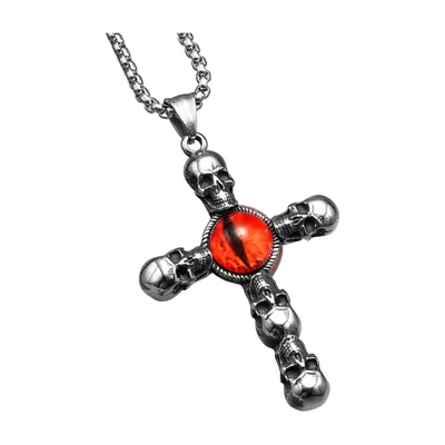 Collana Croce con Teschi e Pietra Rossa, Acciaio Inossidabile